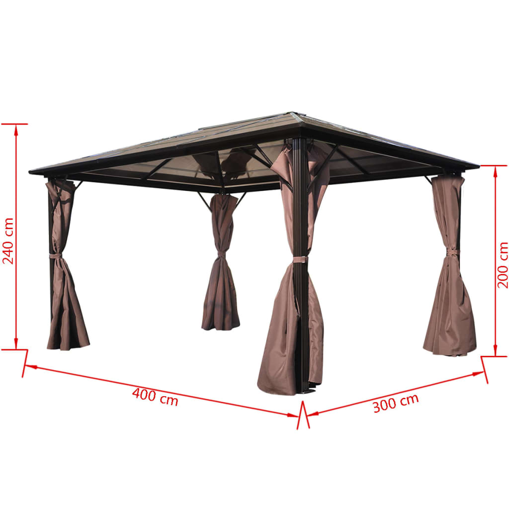 Paviljong med gardin brun aluminium 400 x 300 cm