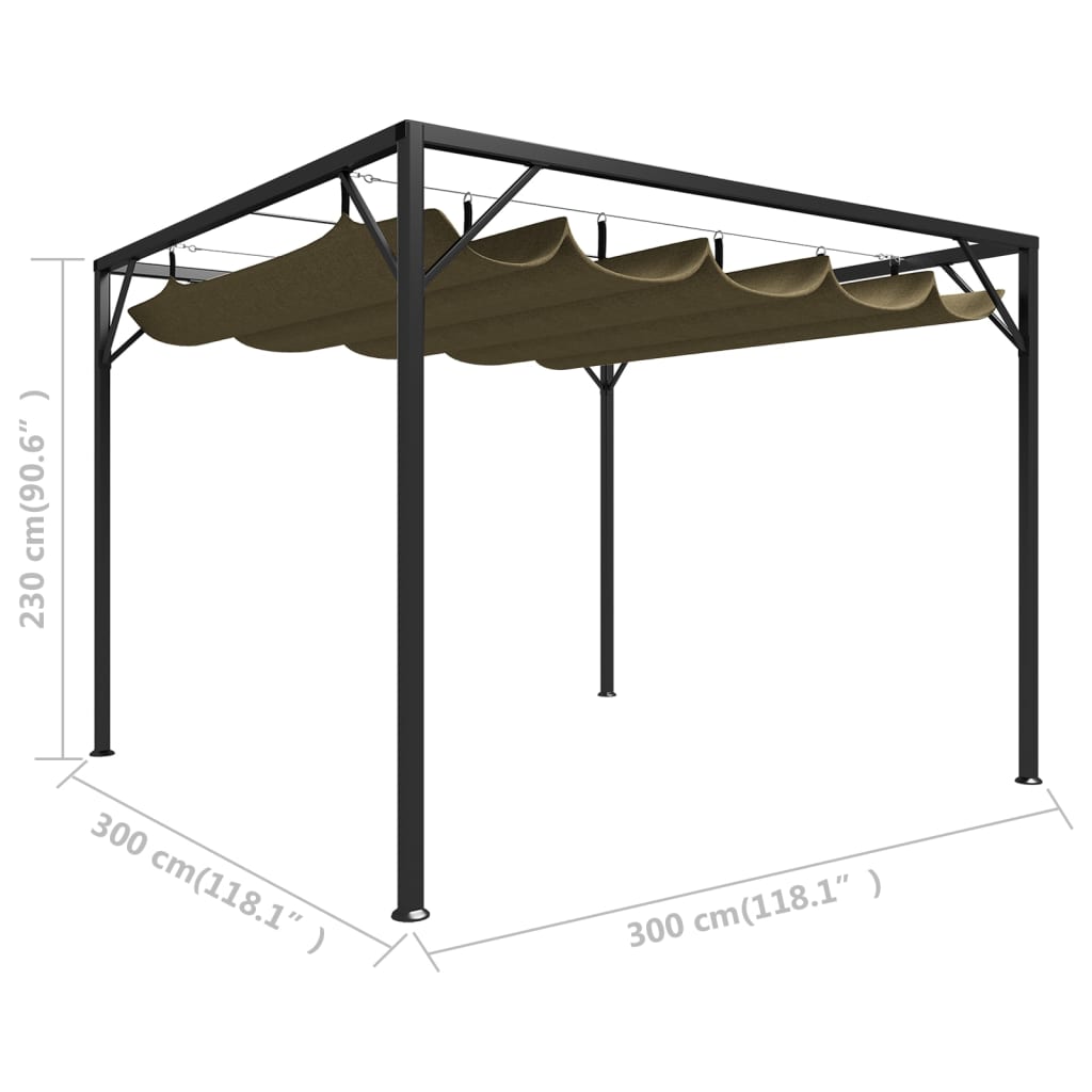 Paviljong for vegg med uttrekkbart tak 3x3 m gråbrun 180 g/m²
