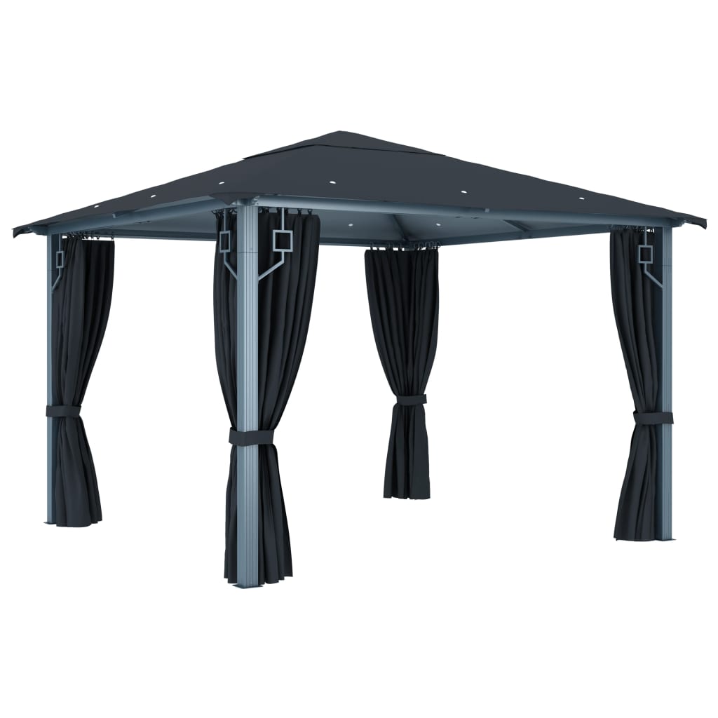 Paviljong med gardin og LED-strenglys 3x3 m antrasitt aluminium