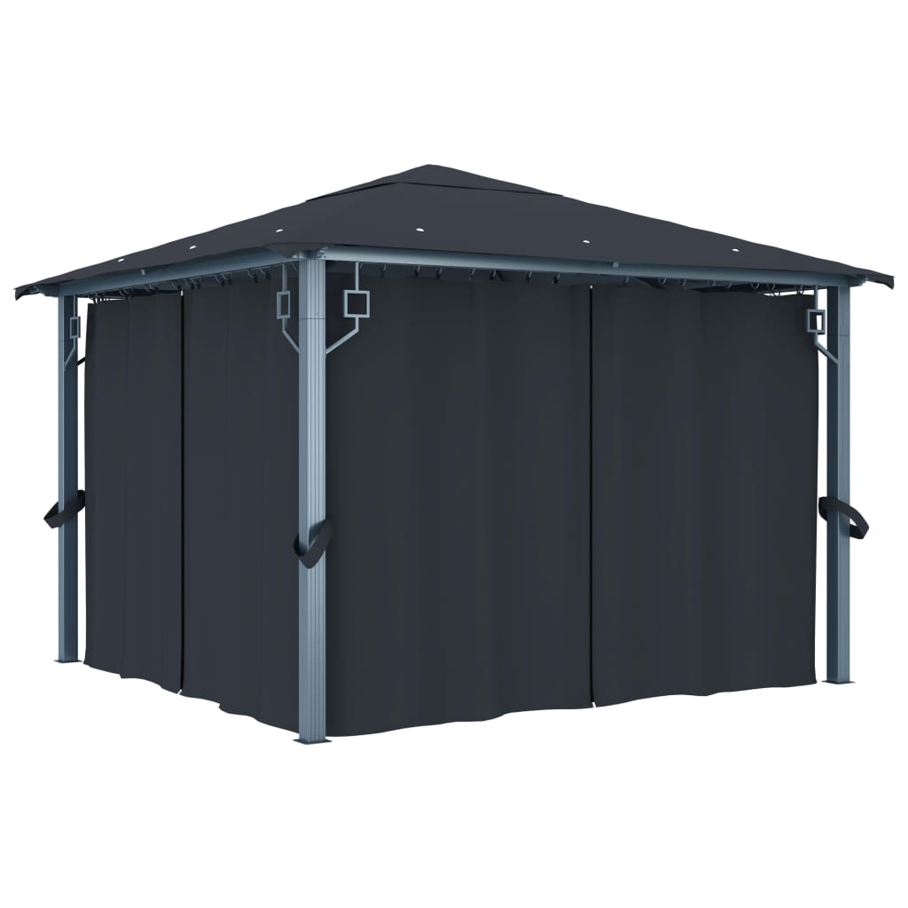 Paviljong med gardin og LED-strenglys 3x3 m antrasitt aluminium