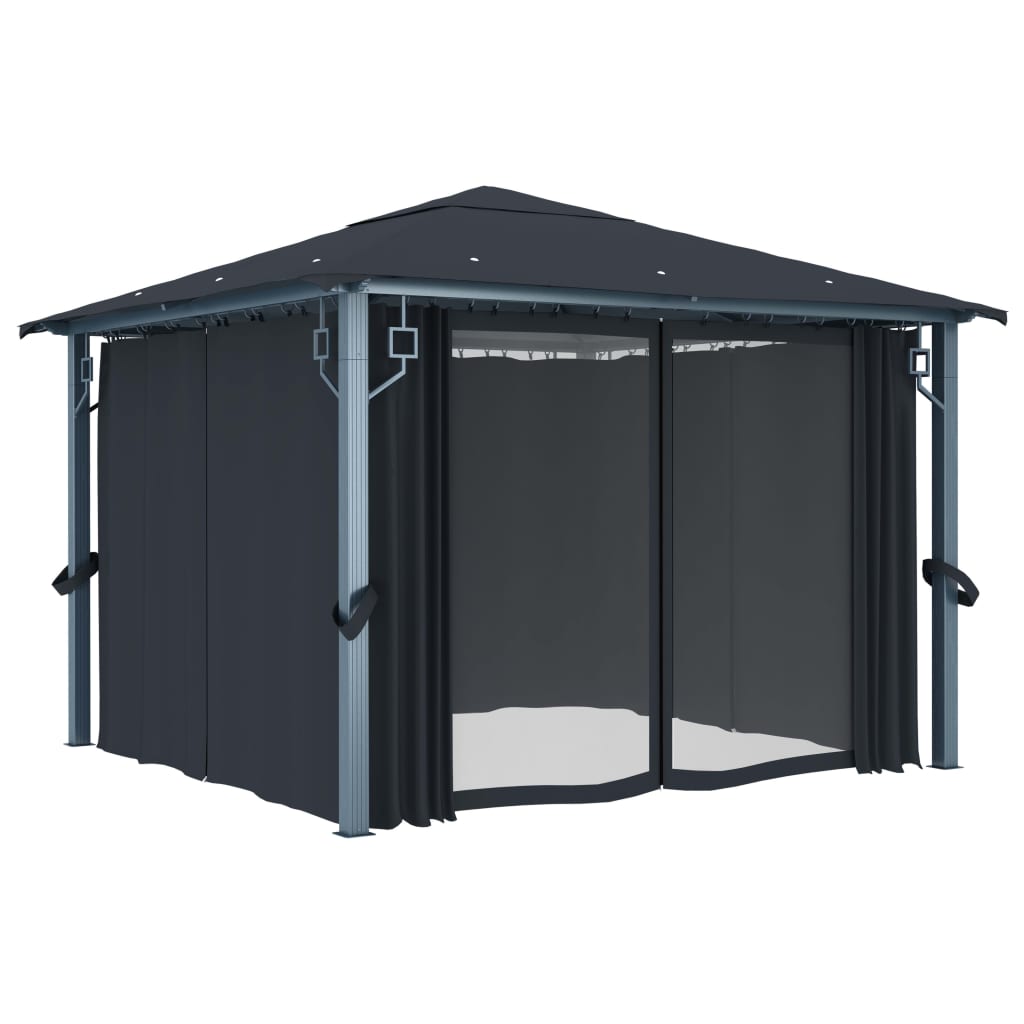 Paviljong med gardin og LED-strenglys 3x3 m antrasitt aluminium