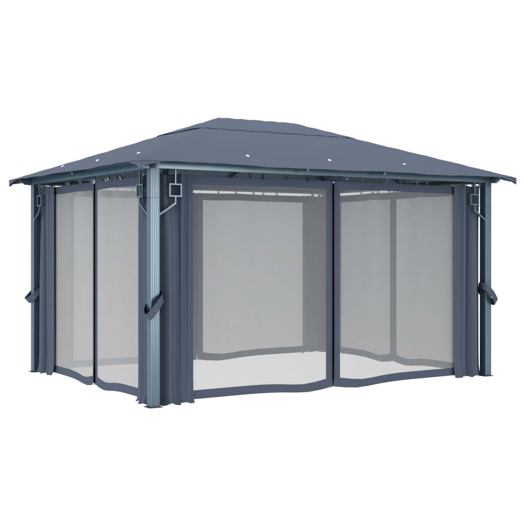 Paviljong med gardin og LED-strenglys 4x3 m antrasitt aluminium