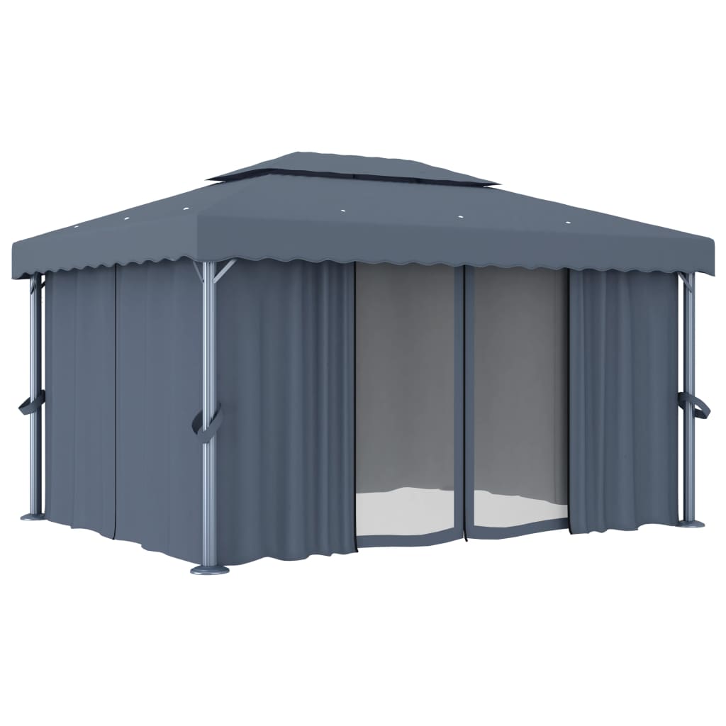 Paviljong med gardin og LED-strenglys 4x3 m antrasitt