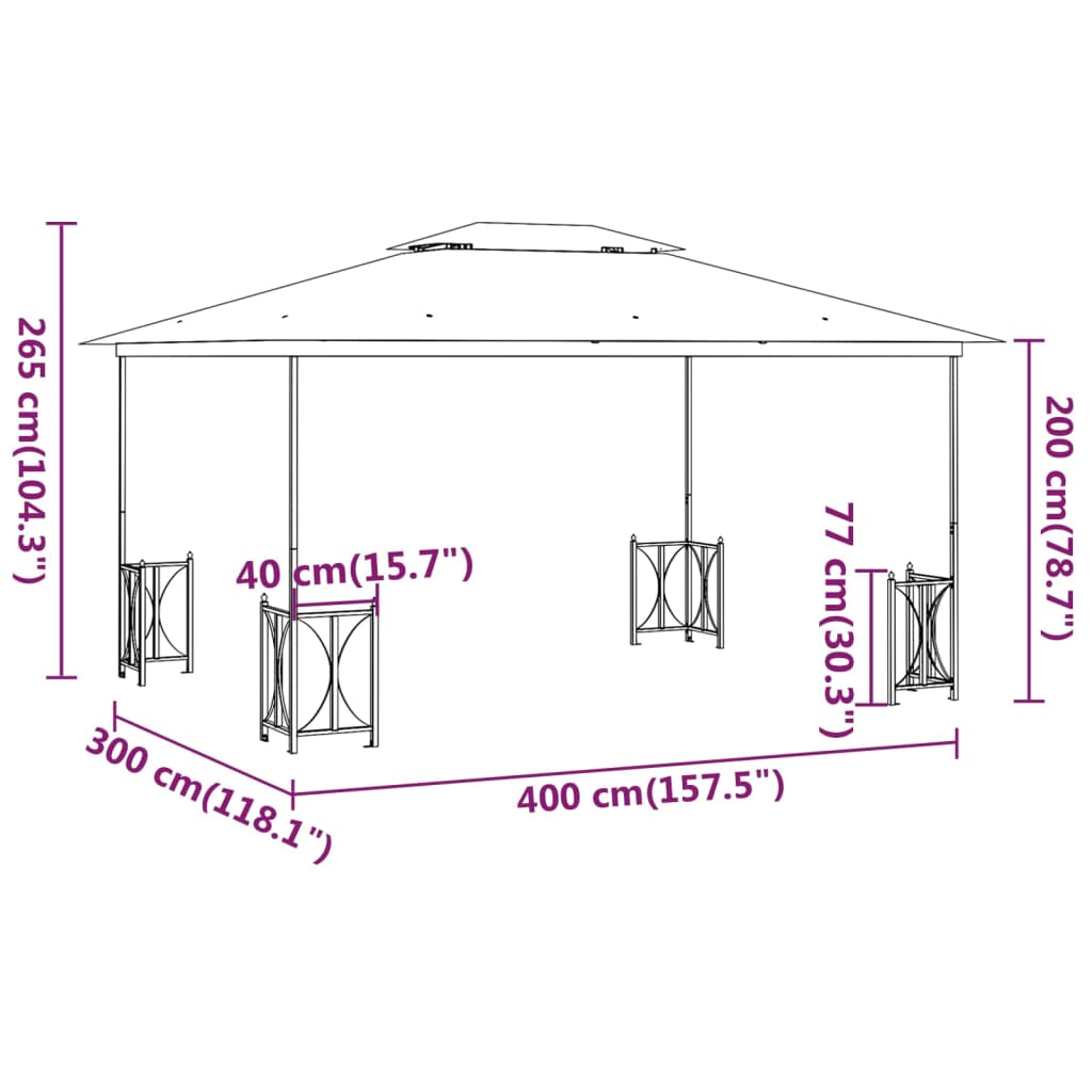 Paviljong med sidevegger og dobbelt tak 3x4 m gråbrun