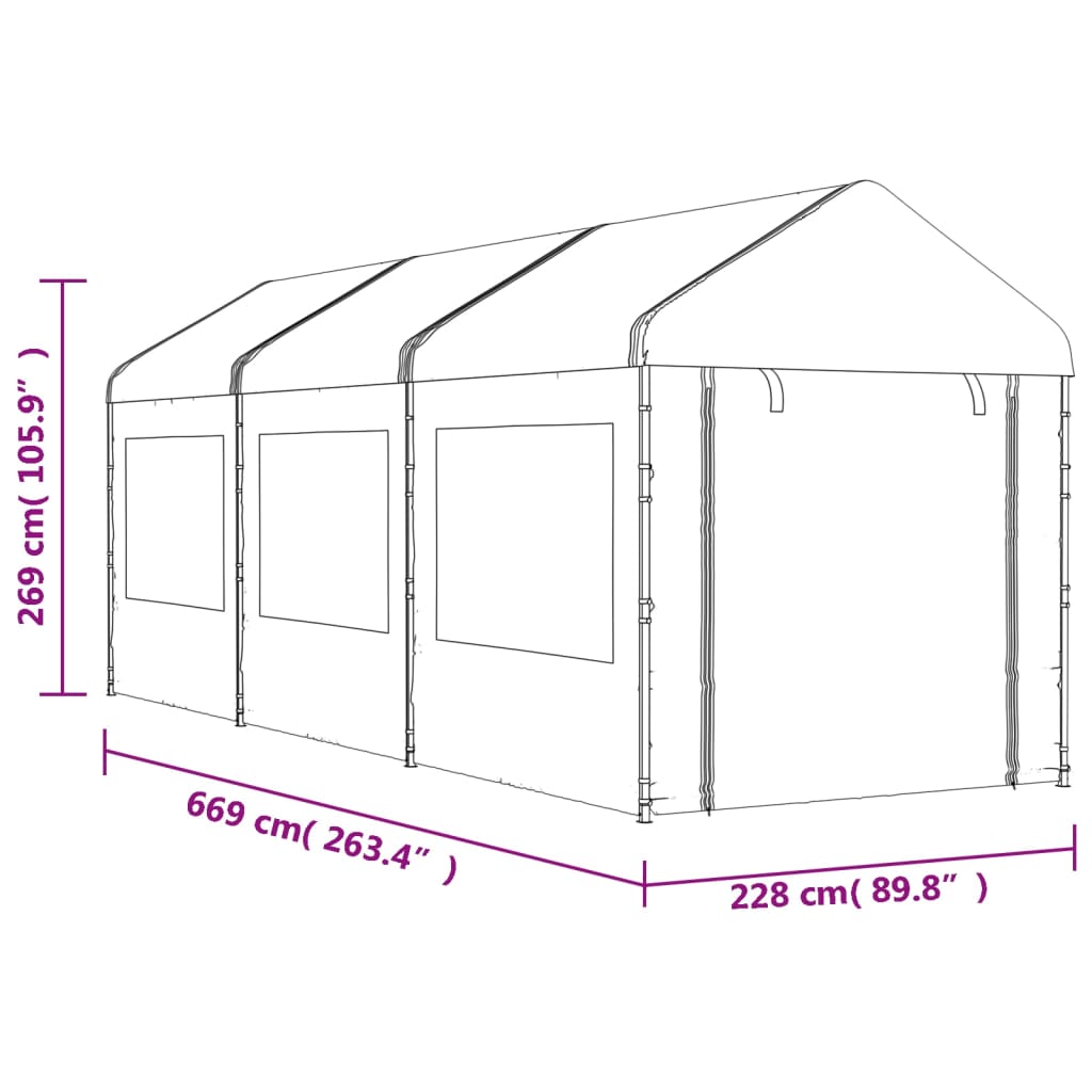 Paviljong med tak hvit 6,69x2,28x2,69 m polyetylen