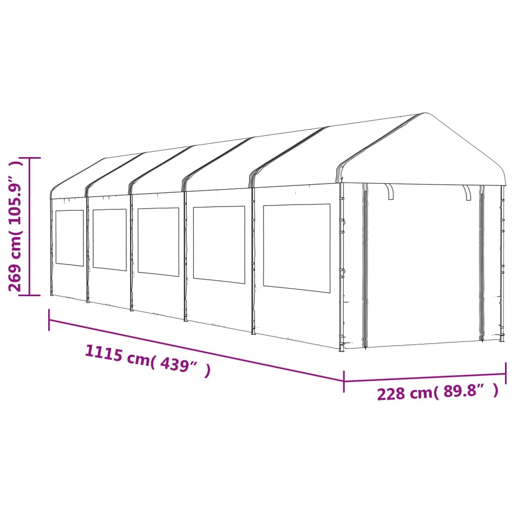Paviljong med tak hvit 11,15x2,28x2,69 m polyetylen