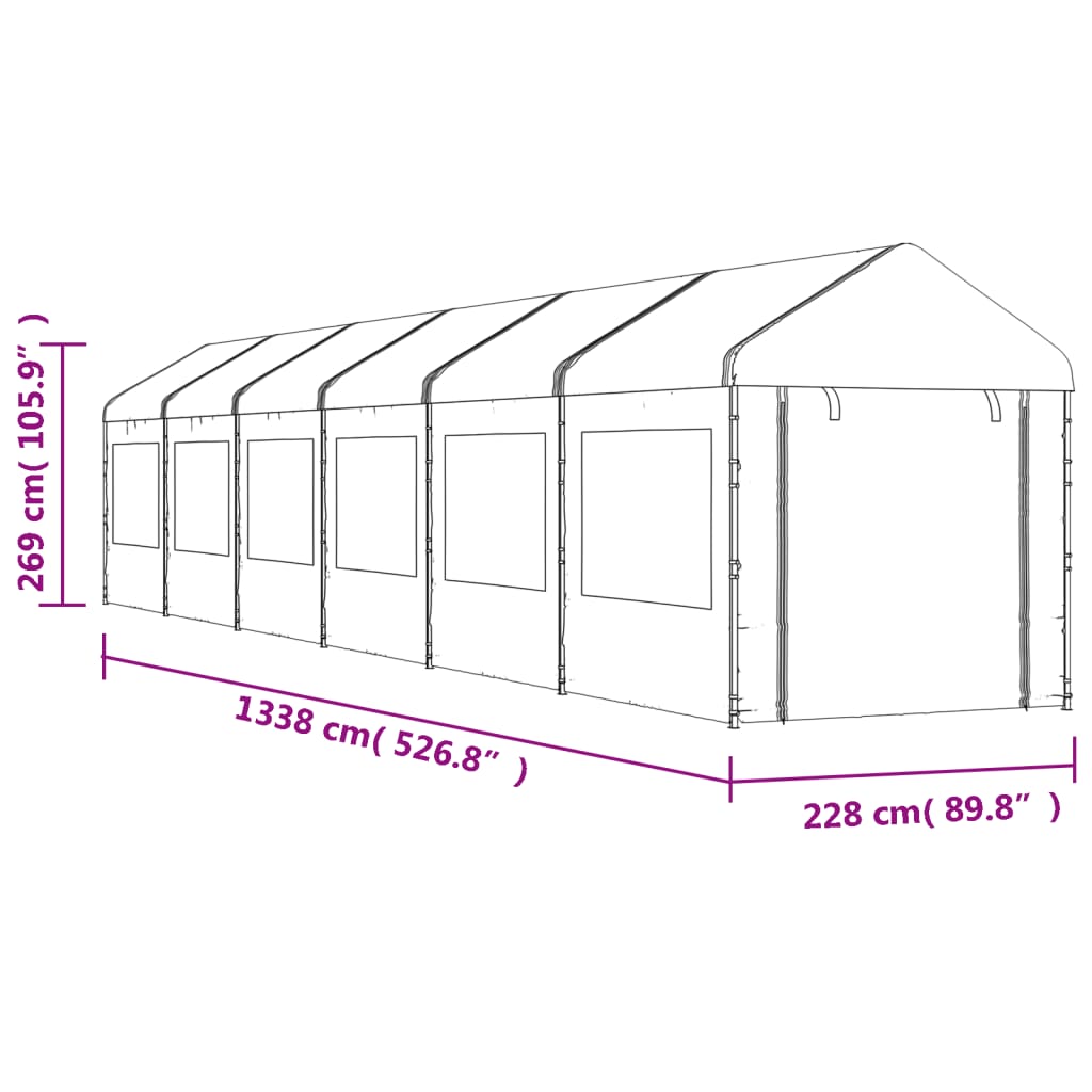 Paviljong med tak hvit 13,38x2,28x2,69 m polyetylen