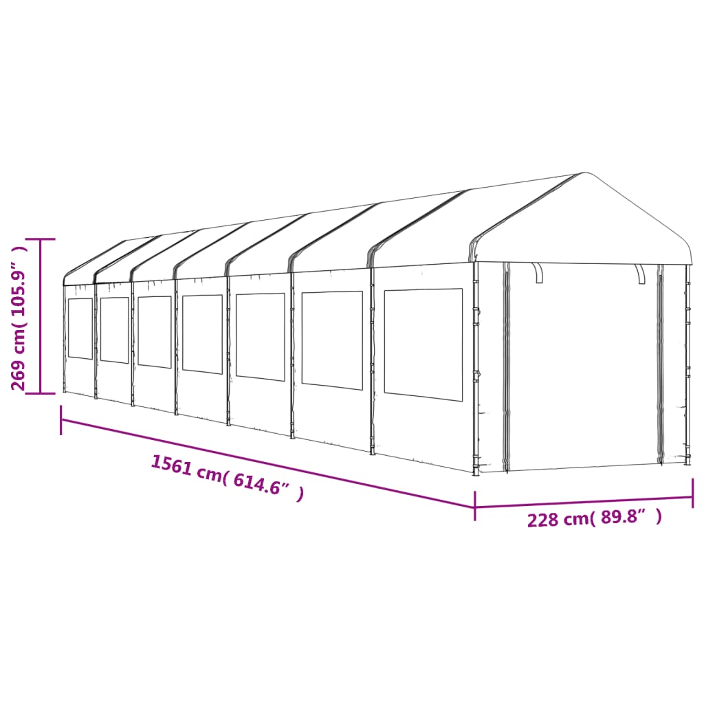 Paviljong med tak hvit 15,61x2,28x2,69 m polyetylen