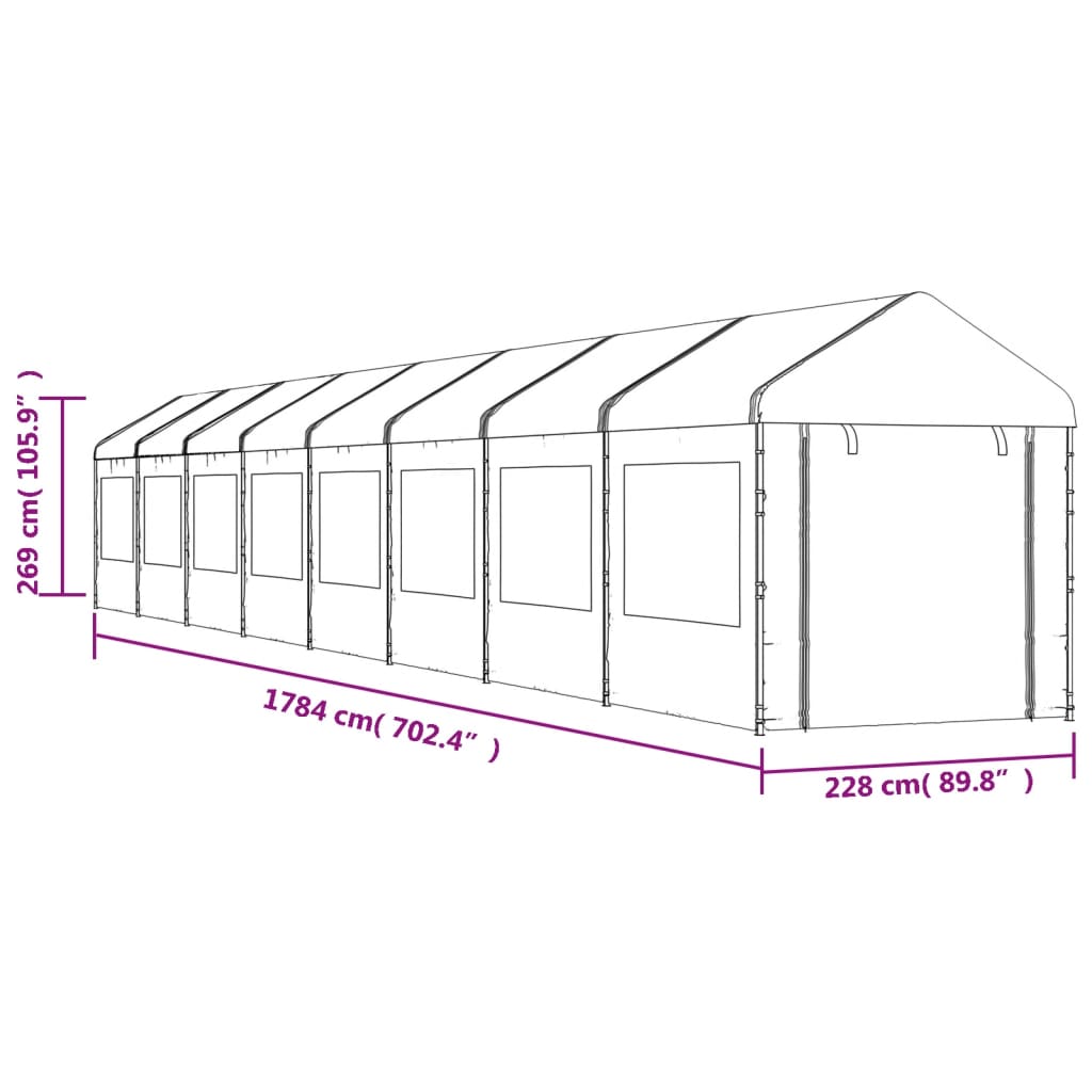 Paviljong med tak hvit 17,84x2,28x2,69 m polyetylen