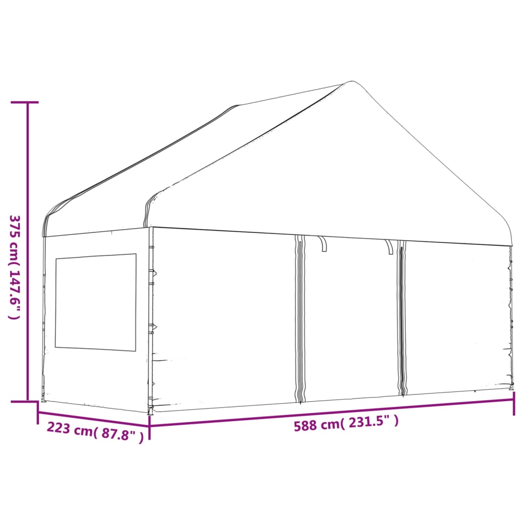 Paviljong med tak hvit 13,38x5,88x3,75 m polyetylen