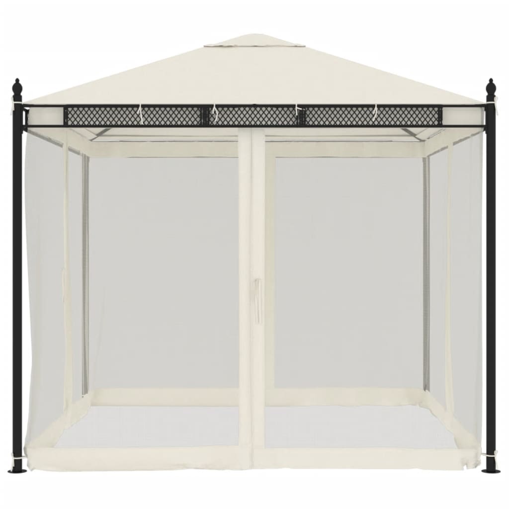 Paviljong med nettingvegger kremhvit 2,93x2,93 m stål