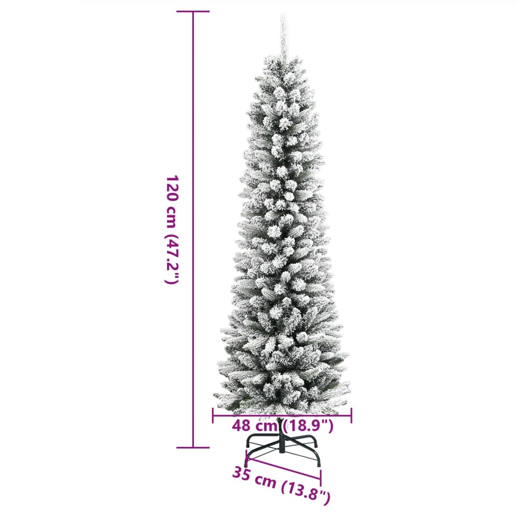 Slankt kunstig juletre med flokket snø 120 cm PVC og PE