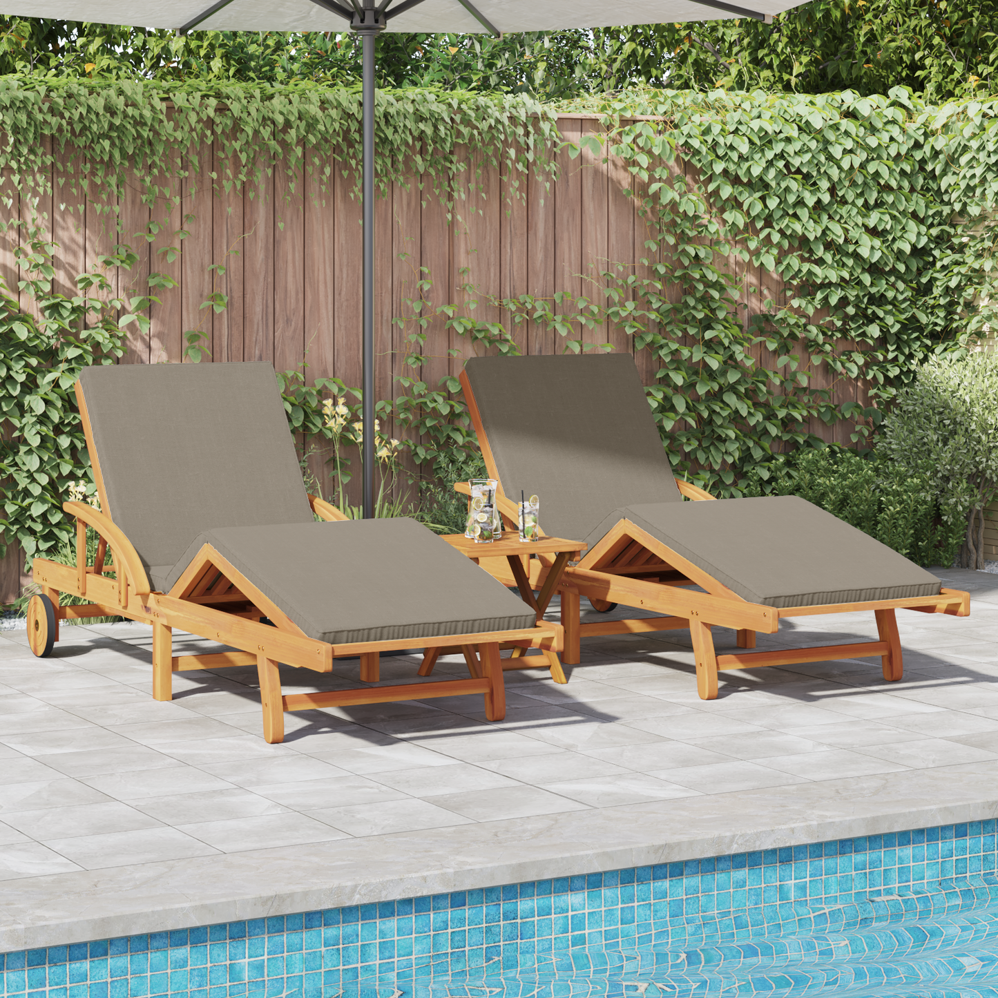 Solsenger 2 stk med puter og bord Taupe Solid tre Acacia