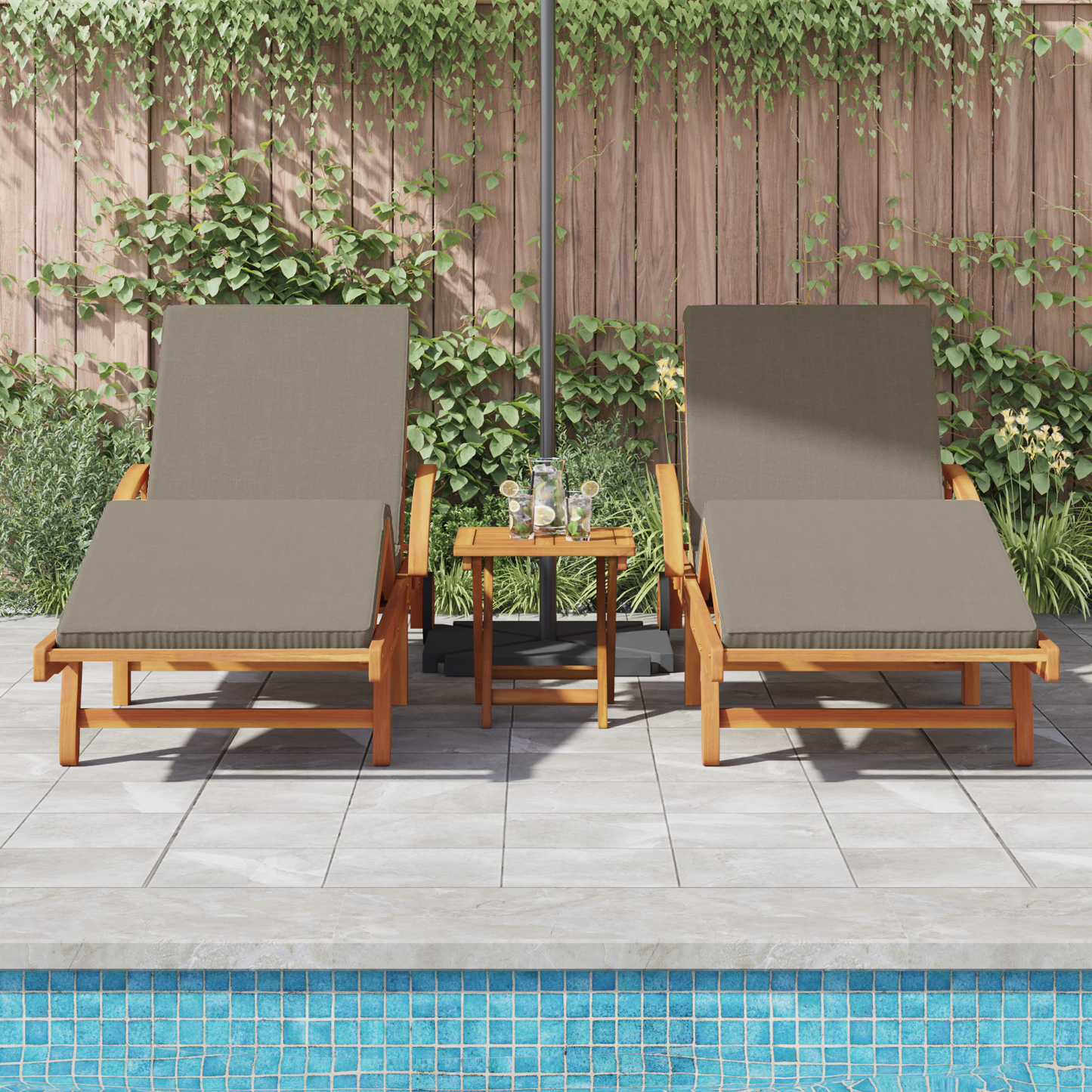 Solsenger 2 stk med puter og bord Taupe Solid tre Acacia