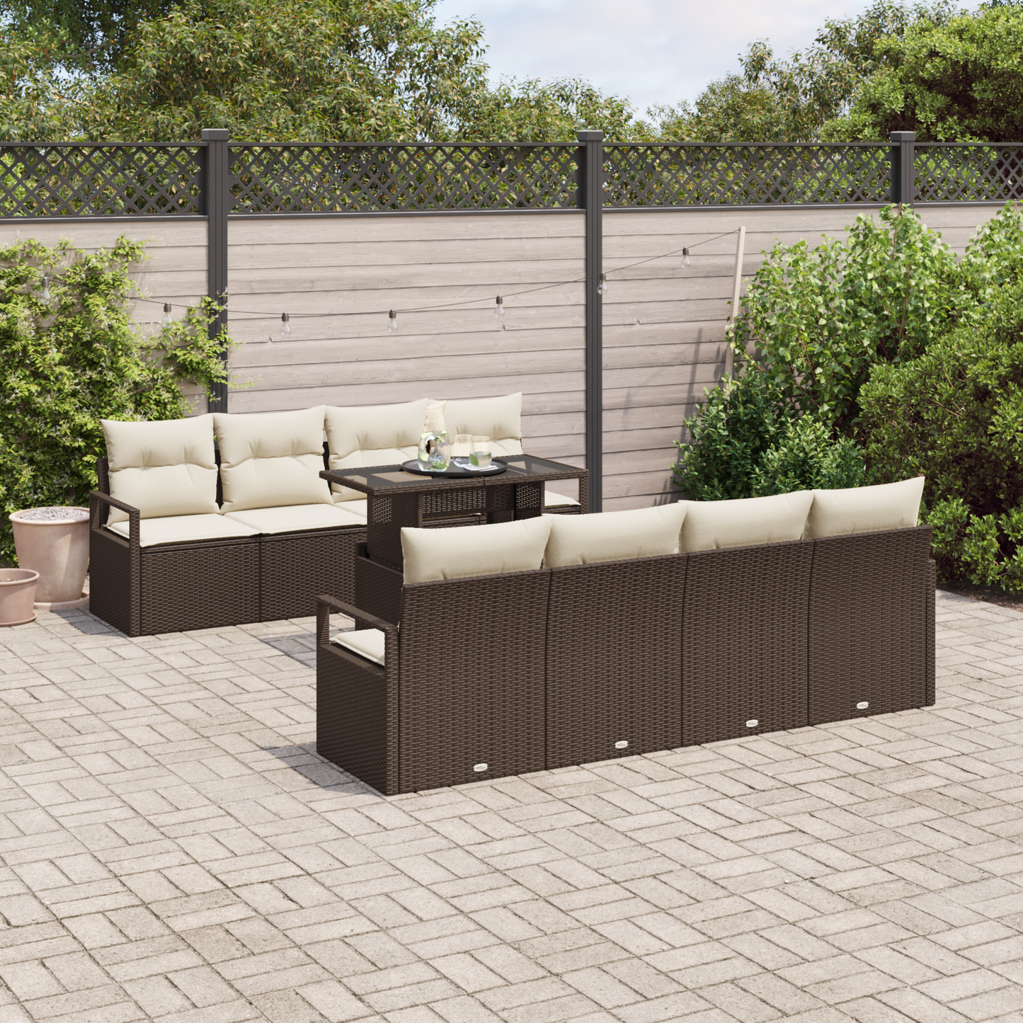 9-delt hagesofa sett med puter brun poly rattan