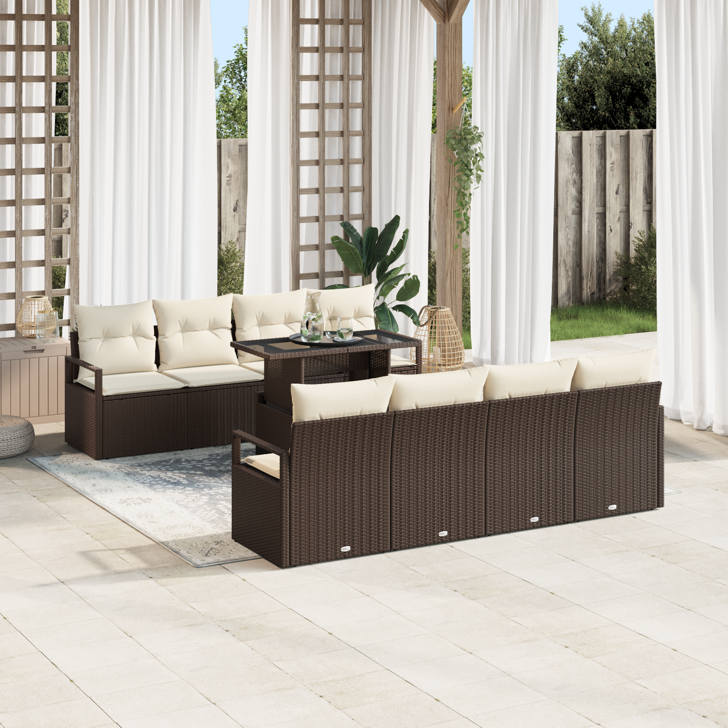 9-delt hagesofa sett med puter brun poly rattan