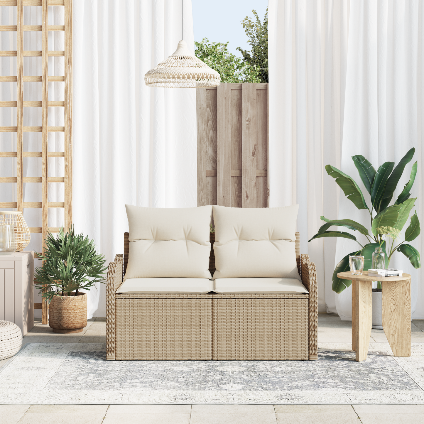 2-seters hagesofa med puter beige polyrotting