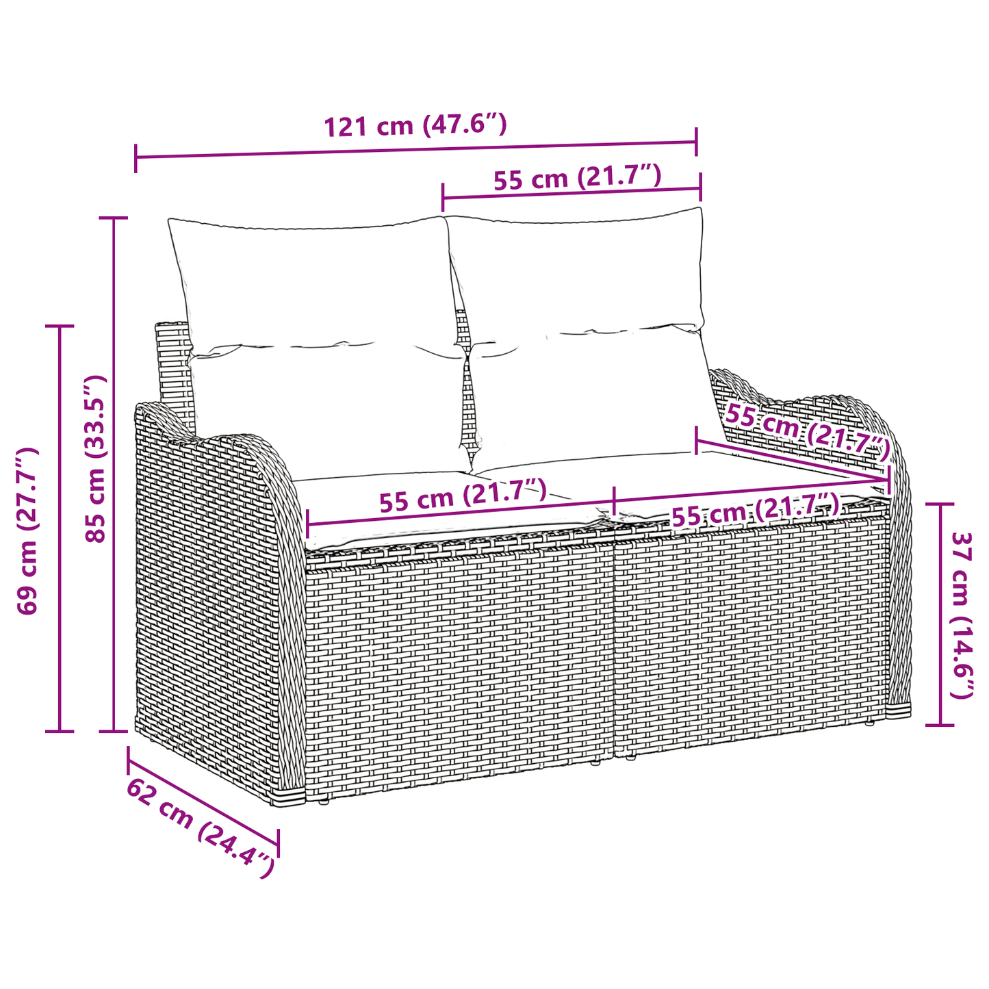 2-seters hagesofa med puter beige polyrotting