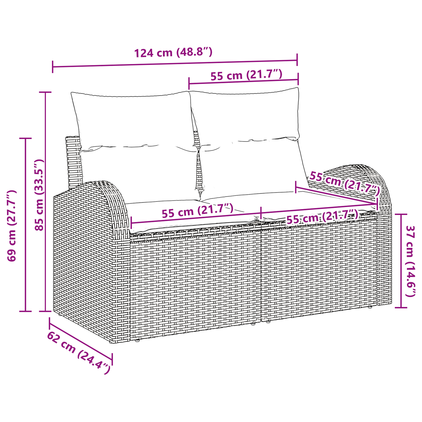2-seters hagesofa med puter svart poly rattan