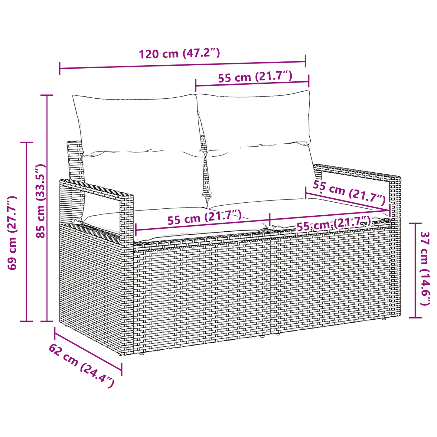 2-seter Hage Sofa med Puter Svart Poly Ratt