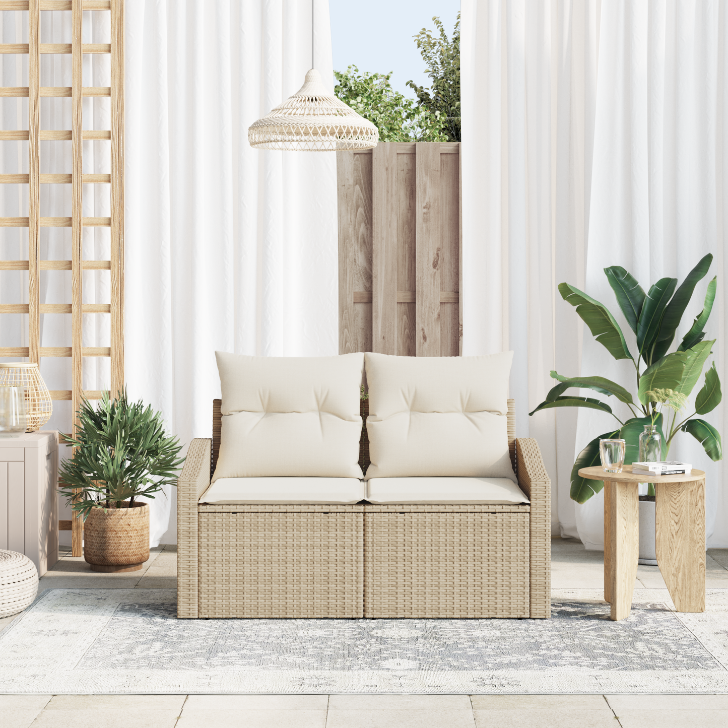 2-seters Hagemøbelsofa med Puter Beige Poly Rattan