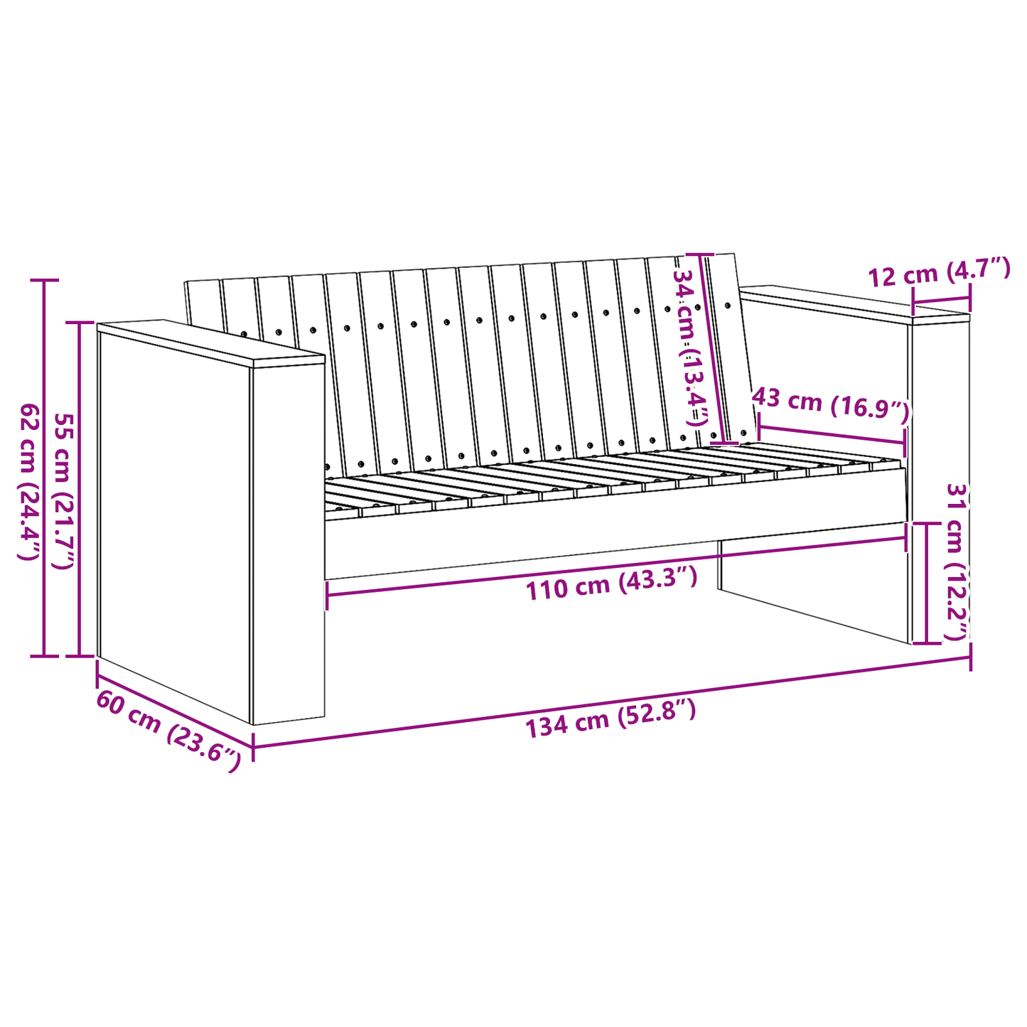 Hagesofa 2-seter 134x60x62 cm Hvit Massivt Tre Furu