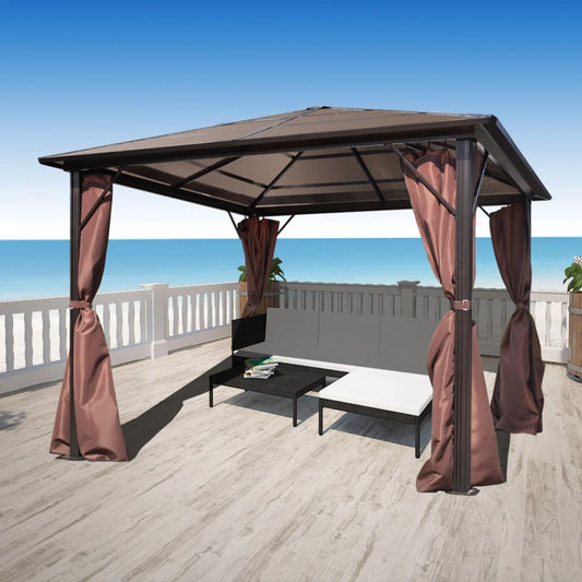 Paviljong med gardin brun aluminium 300 x 300 cm