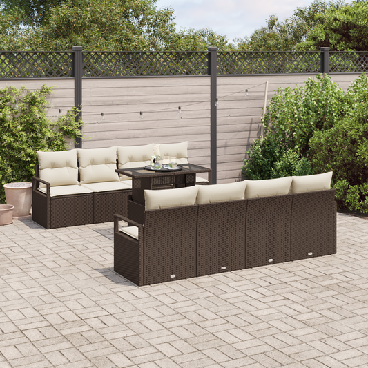 9-delt hagesofa sett med puter brun poly rattan