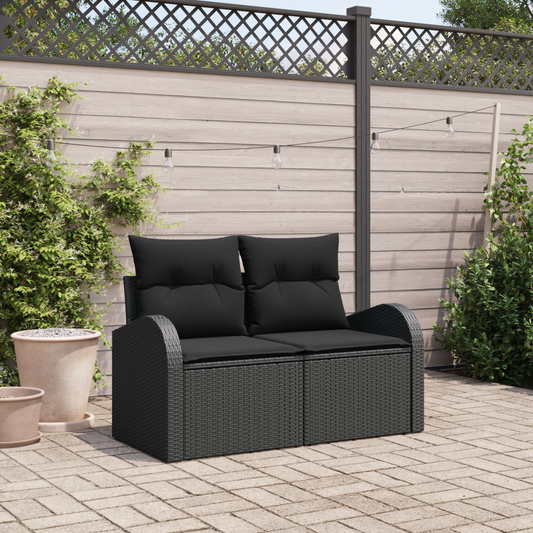 2-seters hagesofa med puter svart poly rattan